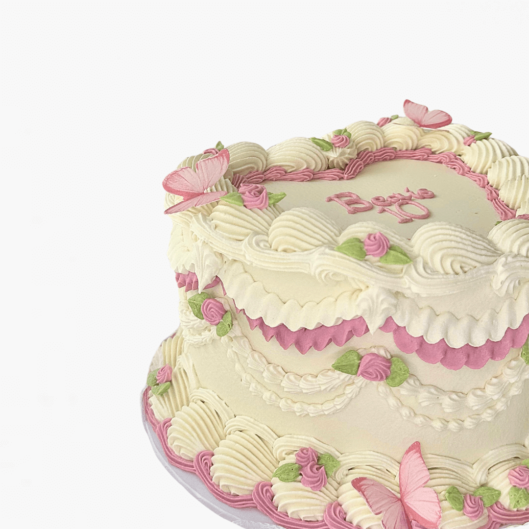 Decorative cake with pink flowers and butterflies on a white background - custom cakes Sydney