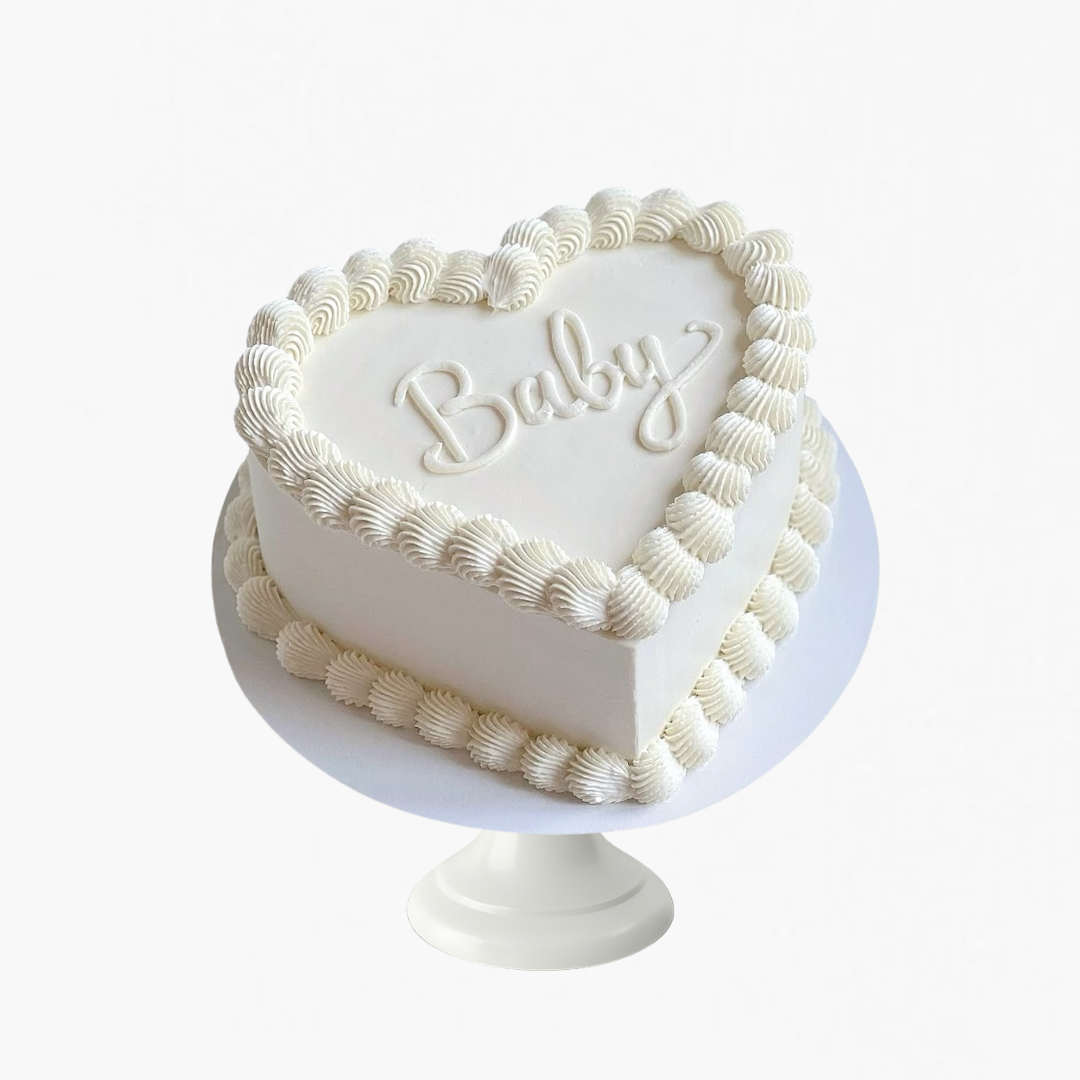 Minimal white heart baby cake with piped buttercream – gender reveal cakes Sydney