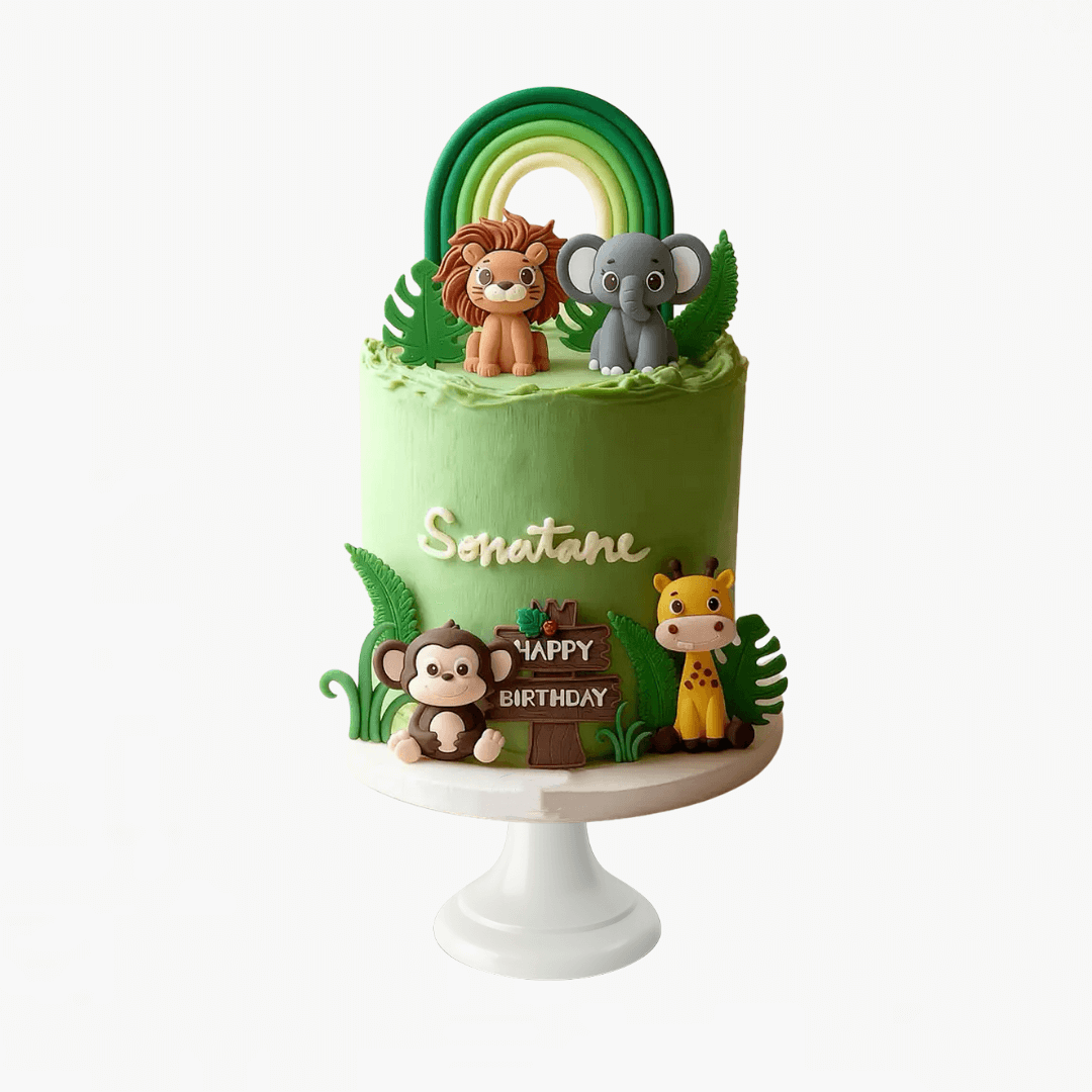 Green birthday cake with animal toppers on a white stand - kids birthday cakes Sydney 